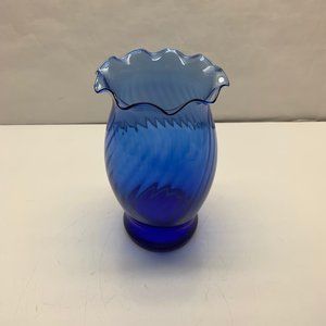 Vintage Cobalt Blue Glass Vase Swirl  Ruffled Rim